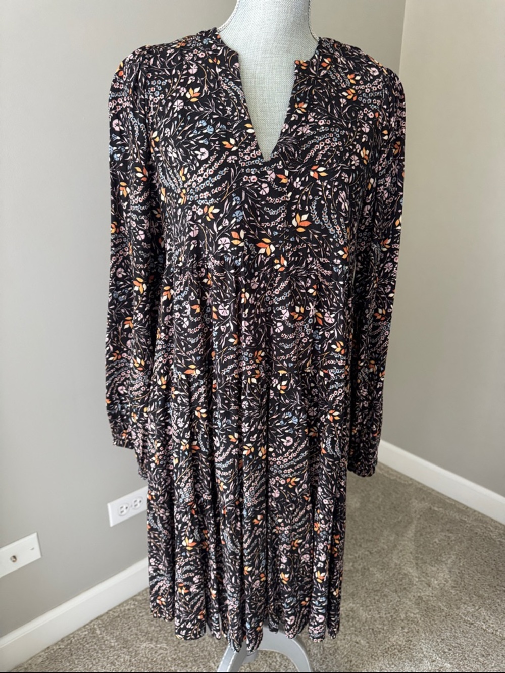 Anthropologie Black Floral Long-Sleeve Tiered Dress